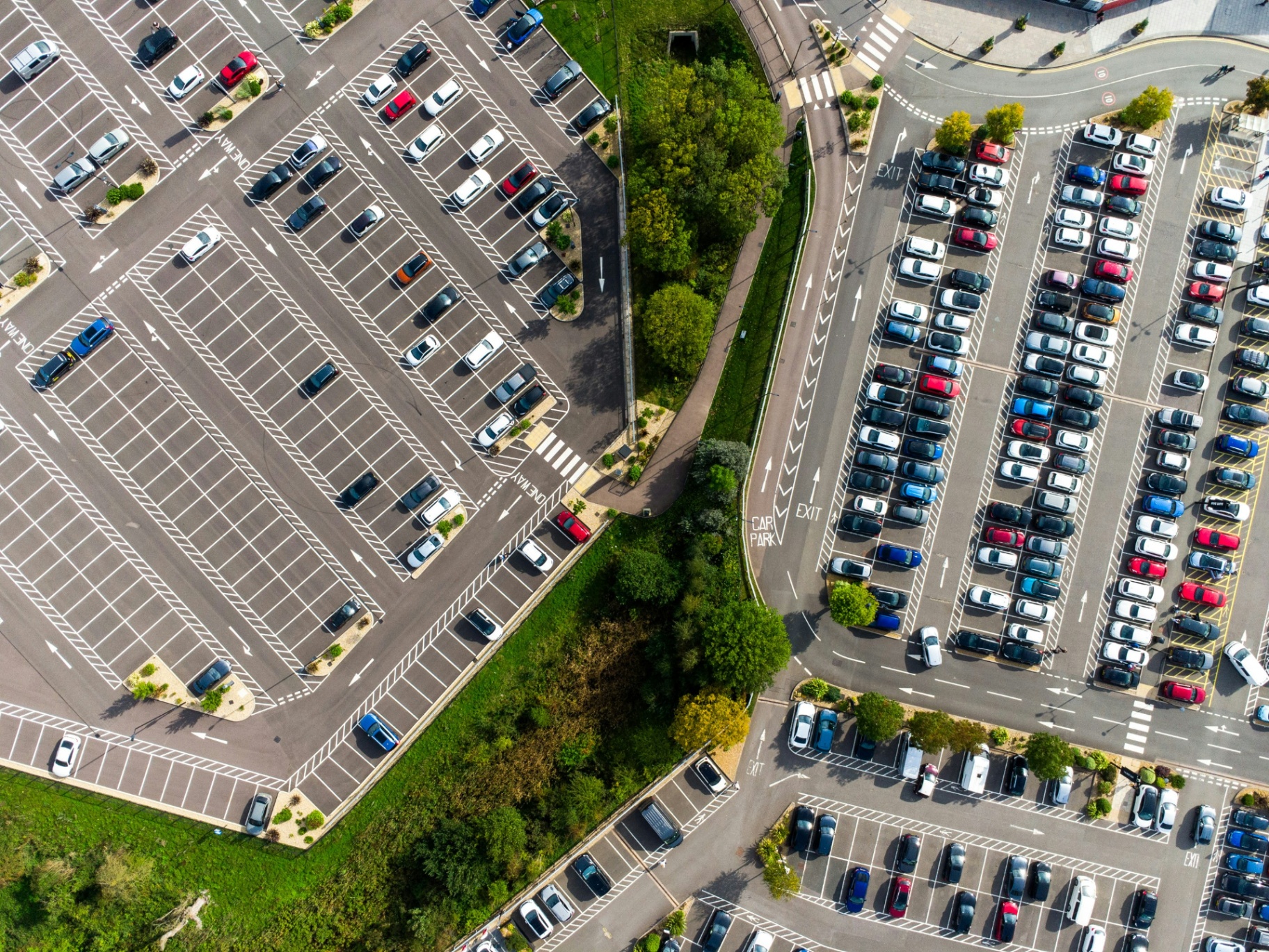 Aerial view of a busy parking lot